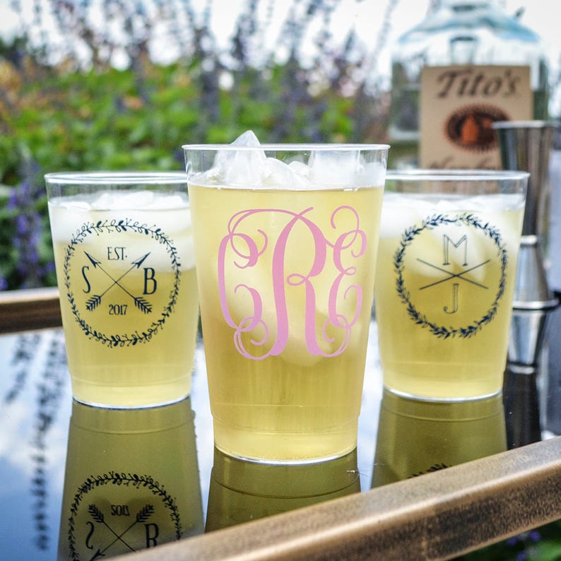 Wreath Monogram Hard Plastic Cups Custom Monogram Cups Engagement Party Cups Two-Initial Monogram Plastic Wedding Cups Customized Cups