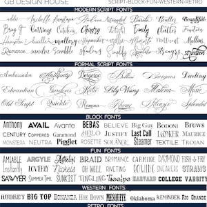 May include: A chart of custom fonts for graphic design, featuring a variety of styles, including script, block, fun, western, and retro. The chart is divided into sections for each font style, with examples of each font listed below.