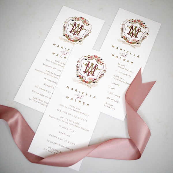 Personalized Full Color Wedding Programs, Custom Printed Wedding Crest Reception Itinerary Cards, Digital Full Color Rehearsal Dinner Menus