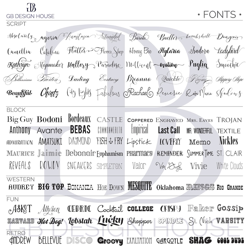 May include: A graphic design resource featuring a list of fonts in a variety of styles. The fonts are organized into two categories: "Script" and "Block".