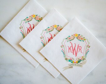 Floral Monogram 3 Ply Napkins, Full Color Napkins, Custom Wedding Napkins, Bridal Shower, 3-Ply Cocktail Napkins, Printed Party Napkins