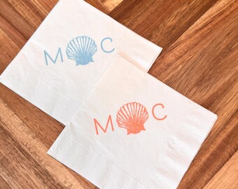 Custom Beach Wedding 3ply Beverage Napkins, Personalized Seashell Cocktail Napkins, Customized Wedding Napkins, Monogrammed Party Napkins