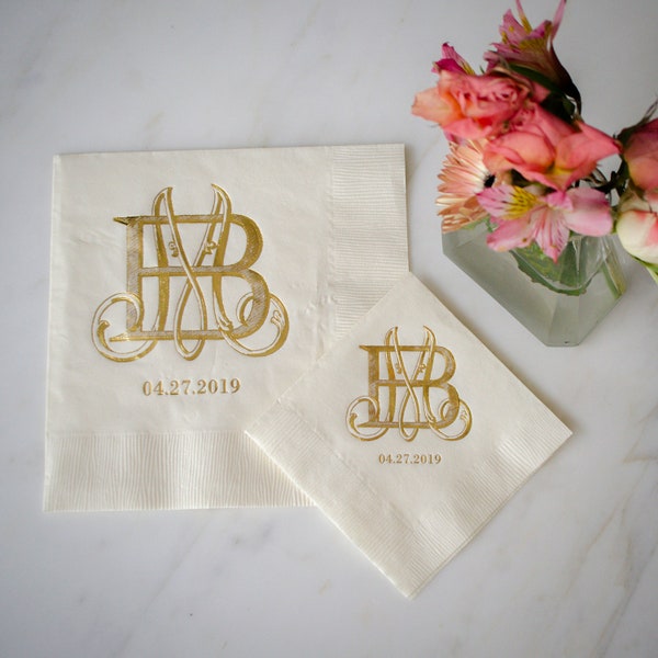 Gold Foil Print Cocktail Napkins, Interlocking Monogram Ivory Napkins, Interlocking Monogram Elegant Wedding Decor, Appetizer Napkins