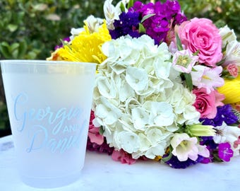 Bride Groom Shatterproof Wedding Cups, Colored Ink Script Names Frosted Shower Plastic Cups, Custom Frost Flex Plastic Cups