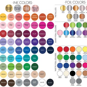 a color palette and a color chart, providing a variety of metallic and matte foil colors for use in art, design, and other creative projects.