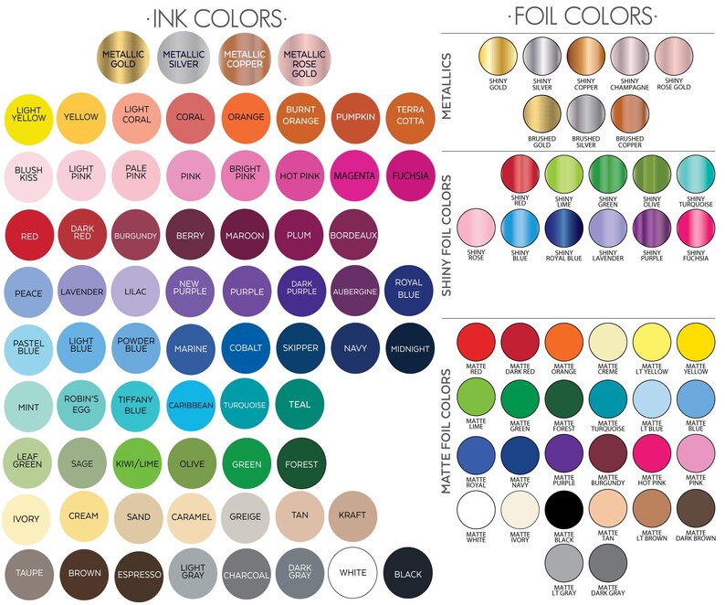 a color palette and a color chart, providing a variety of metallic and matte foil colors for use in art, design, and other creative projects.