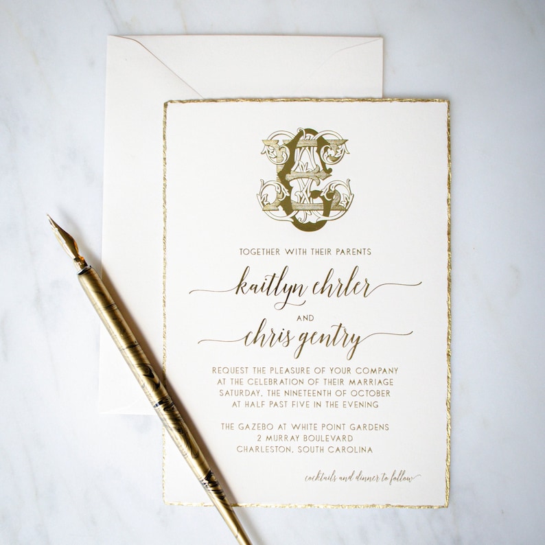 Custom Gold Deckled Edge Foil Stamped Wedding Invitations Etsy