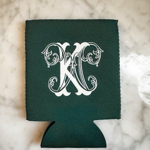 Script Interlocking Monogrammed Can Coolers, Custom Wedding Can Cooler Favors, Elegant Monogrammed Can Hugger Favors, Neoprene Party Favors
