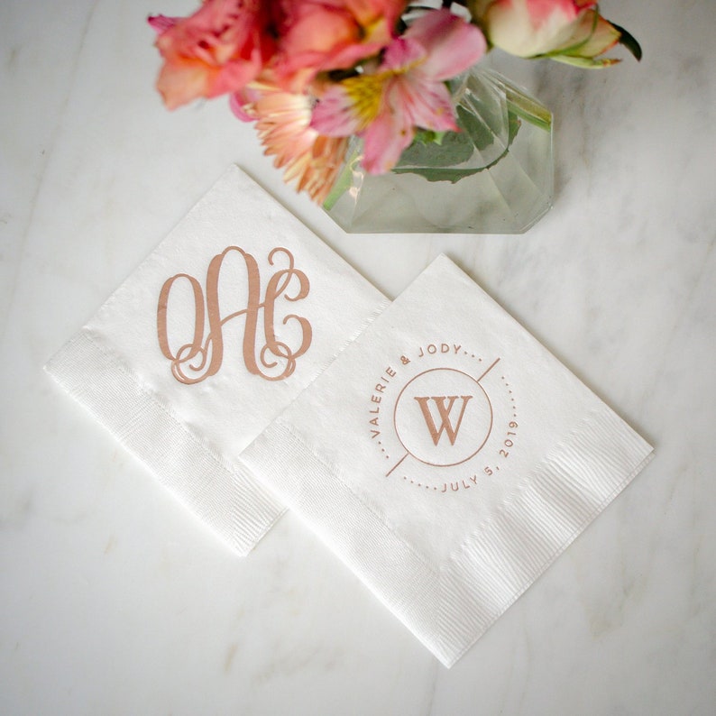 Custom Rose Gold Foil Printed Napkins Monogrammed Wedding Etsy