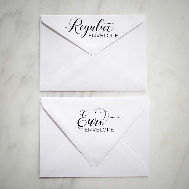 May include: Two white envelopes with black text. The top envelope says "Regular Envelope" and the bottom envelope says "Euro Envelope".
