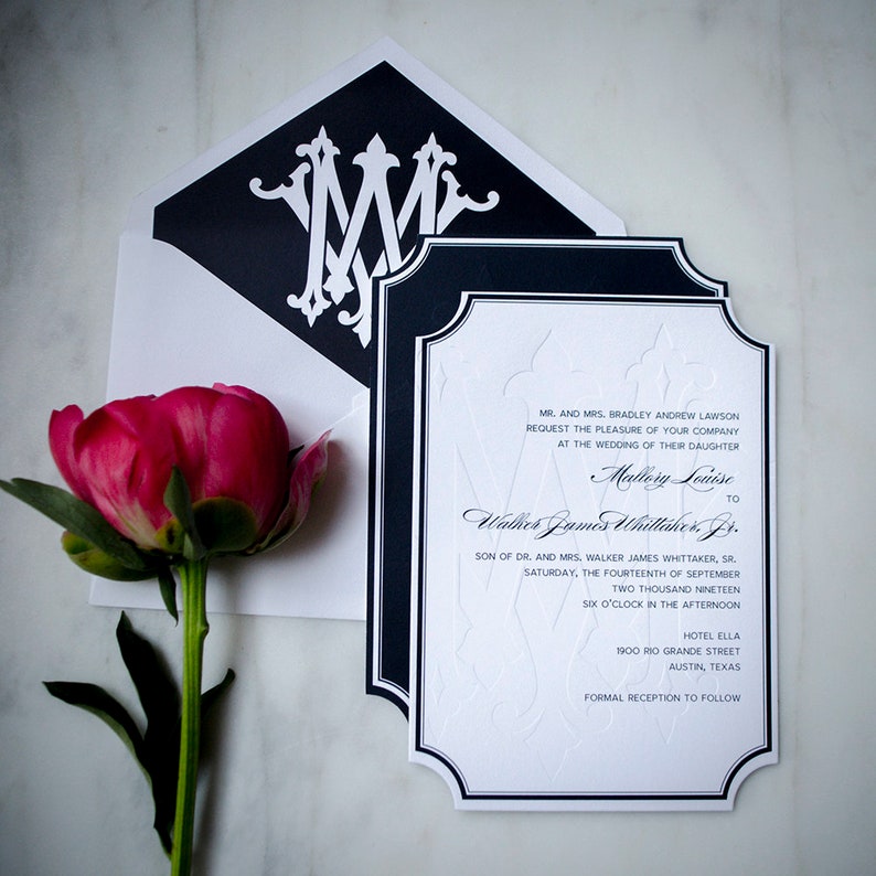 May include: A formal wedding invitation with black and white accents. The invitation features the names Mallory Louise and Walker James Whittaker, Jr. The wedding will take place on Saturday, September 14, 2019 at 6:00 PM at Hotel Ella in Austin, Texas.