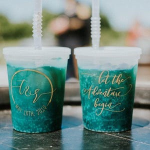 Monogrammed Color Changing Cups, Custom Wedding Favor Cups, Let the Adventure Begin, Unique Party Favors, Plastic Bachelorette Party Cups
