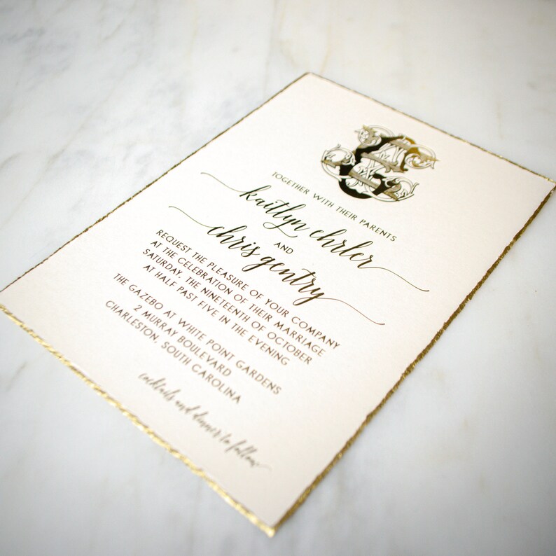 Custom Gold Deckled Edge Foil Stamped Wedding Invitations Etsy