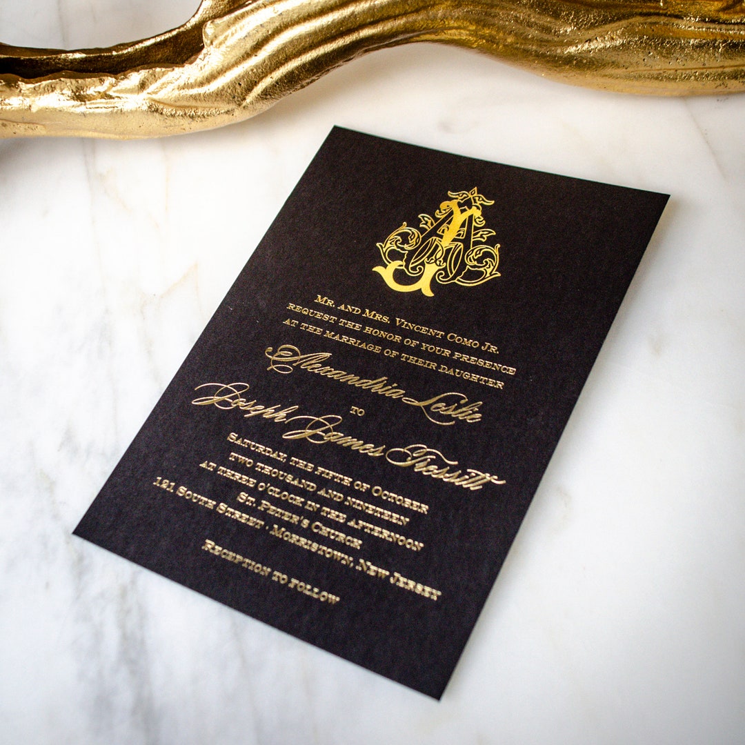 Custom Black & Gold Foil Stamped Wedding Invitations, Personalized Monogram Foil Printed Invites