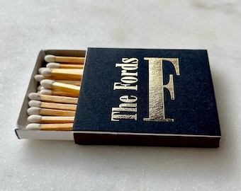 Gold Foil Last Name Matchboxes, Initial Custom Printed Wedding Matches, Personalized Wedding Favors, Foil Printed Event Matches, Matchboxes