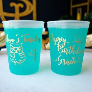 Birthday Party Color Changing Cups, Fourth Birthday, Owl Party Decor, 4th Birthday Cups, Custom Mood Cups, Party Favors, Kids Birthday Decor image 1