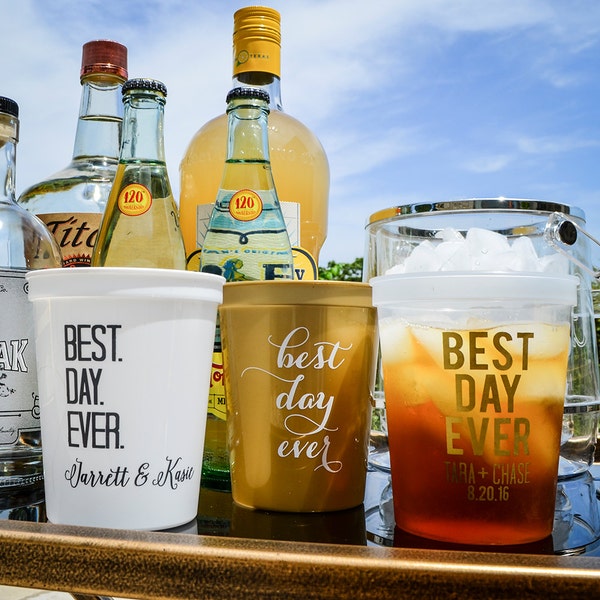 Custom Best Day Ever Printed Plastic Stadium Party Cups, Personalized Best Day Wedding Cups, Wedding Favor Cups