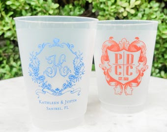 Colorful Ink Crest Frost Flex Party Cups, Shatterproof Custom Monogram Party Cup, Custom Monogram Wedding Cups, Wedding Favors, Frosted Cups