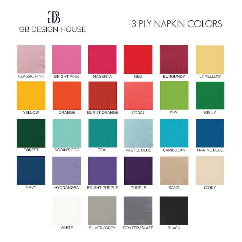 May include: A chart showing 20 different colors of 3-ply napkins. The colors include classic pink, bright pink, magenta, red, burgundy, light yellow, yellow, orange, burnt orange, coral, kiwi, kelly, forest, robin's egg, teal, pastel blue, caribbean, marine blue, navy, hydrangea, bright purple, purple, sand, ivory, white, silver/grey, pewter/slate, and black.