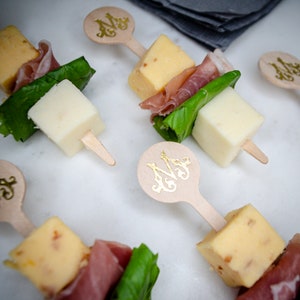 Monogrammed 4&quot; Wooden Food Picks, Custom Wedding Appetizer Skewers, Picks for Sliders and Sandwiches, Bloody Mary Cocktail Garnish Sticks