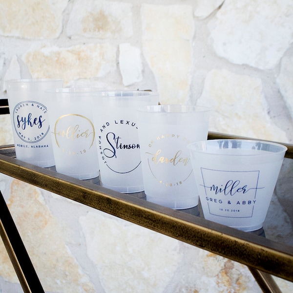 Last Name Wedding Cups, Custom Frosted Cups, Wedding Reception Cups, Rehearsal Dinner, Engagement Party Favors, Cups For Wine, Cocktail Hour