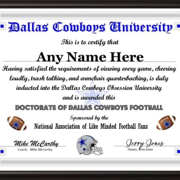 NFL DALLAS COWBOYS Football Fan Personalized Certificate Diploma  Sports