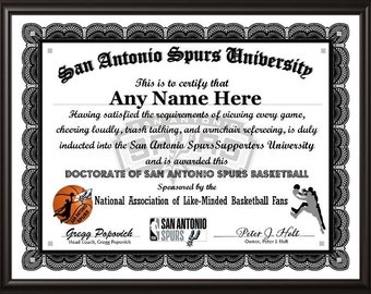 SAN ANTONIO SPURS Basketball Fan Personalized Certificate Diploma Sports Gift