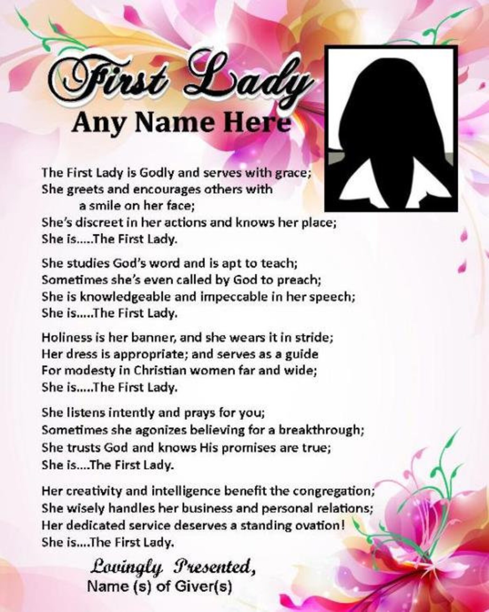 Pastor's Wife First Lady Personalized Custom Appreciation Name Poem