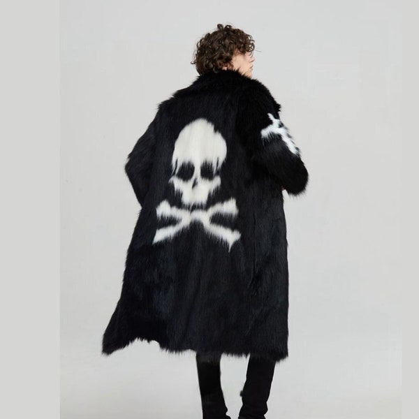 Skull and Crossbones Black Faux Fur Coat Unisex Gothic Coat Grunge Jacket Cyberpunk Emo y2k Jacket Aesthetic Rave Festival Coat