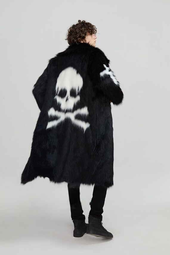 Skull and Cross Bones Black Faux Fur Long Coat Jacket Unisex Goth Grunge Cyber Punk Emo Eboy Egirl Aesthetic Rave Festival Horror Spooky