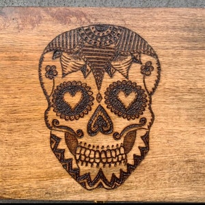 Hand burnt Sugar Skull on Mango Wood trinket box, keepsake box, jewellery box, jewelry box