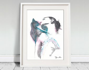 Watercolor Print. Wall art portrait of a beautiful girl with black cat. Digital print. Portrait painting. Art, wall decor, digital print.