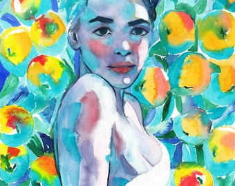 Original Watercolor Painting. Portrait of young lady. A young woman with apples