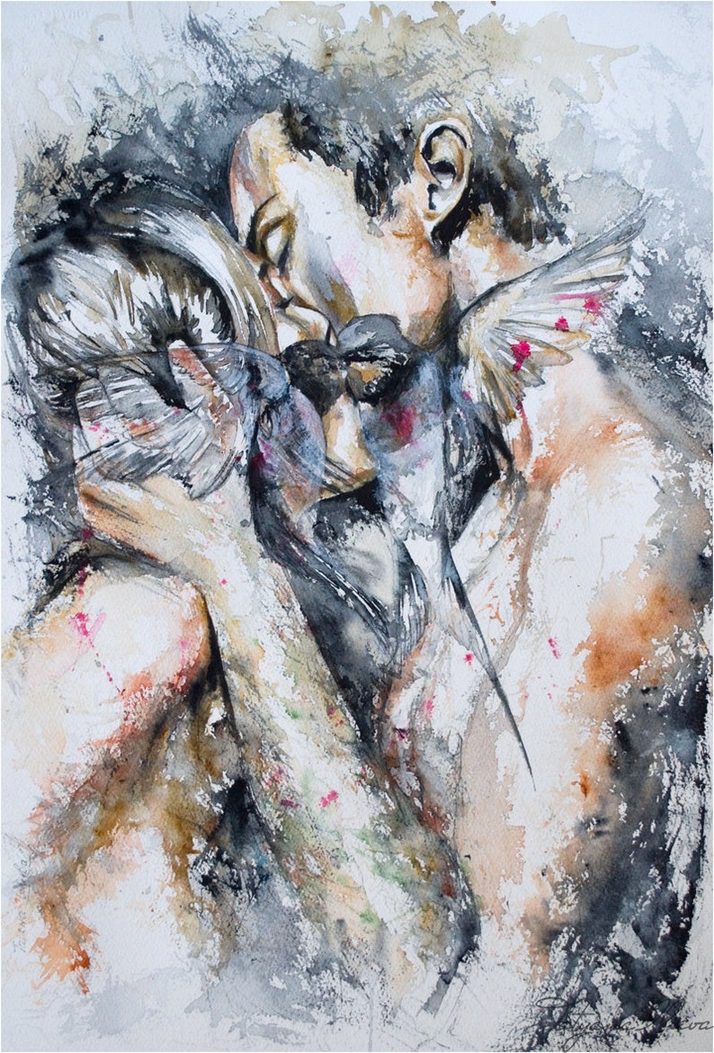 Couple portrait. Watercolor Print. Art print of couple in love. Digital print. Wall art, Wall decor, Illustration, Art Print, Watercolor art image 2