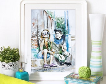 Watercolor Print - Summertime. Art print of kids outdoor. Art prints made with pigment inks.