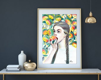 Original Watercolor Painting. Portrait of young lady.  Young woman eating an apple.