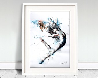 Ballerina watercolor art print. Wall art, wall decor, digital print. Ballerina art print. Ballet dancer. Woman. Swim with fish. Golden fish