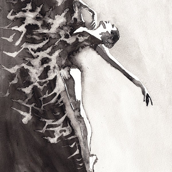 Original Aquarell. Porträt von tanzenden Ballerina mit fliegenden Vögeln. Schwarz und weiß. Mitternacht in Paris.