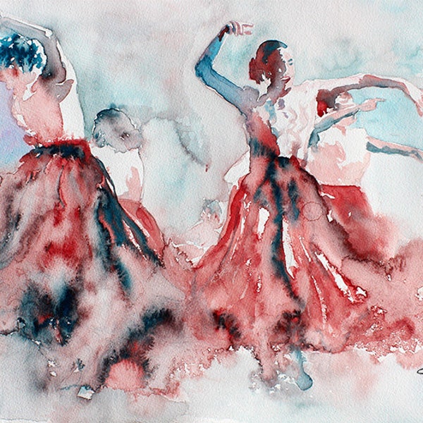 Peinture à l'aquarelle originale. Peinture de danse. Femmes dansantes. Danseurs de flamenco. Art, décoration murale, décoration d'intérieur