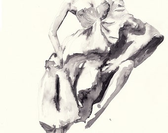 Original Watercolor Painting - Dance, Dance, Dance. Painting in black and white. Portrait of dancing ballerina.