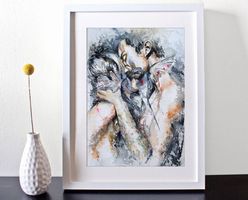 Couple portrait. Watercolor Print. Art print of couple in love. Digital print. Wall art, Wall decor, Illustration, Art Print, Watercolor art image 1