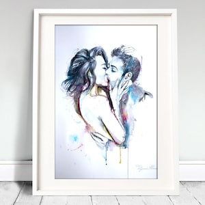 Couple portrait watercolor art print. Wall art, wall decor, digital print. Rush. Love passion