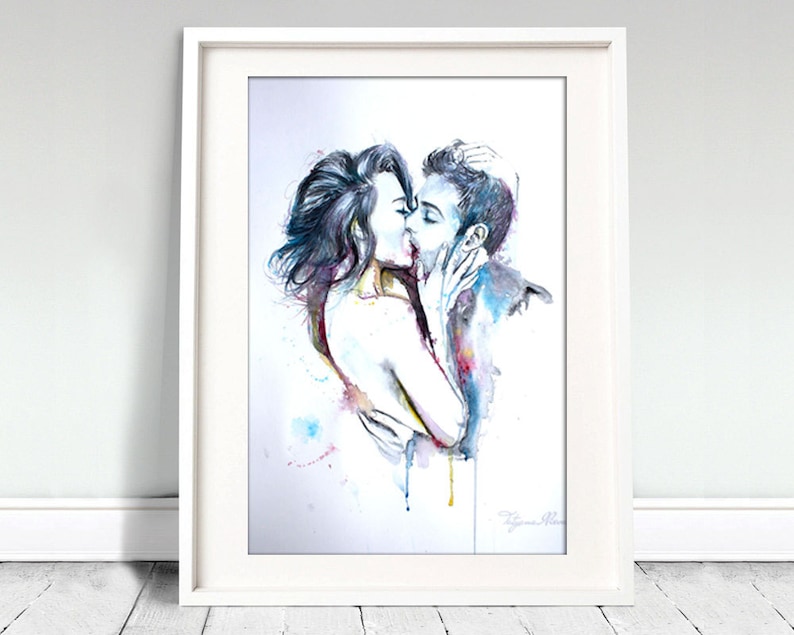 Couple portrait watercolor art print. Wall art, wall decor, digital print. Rush. Love passion image 1