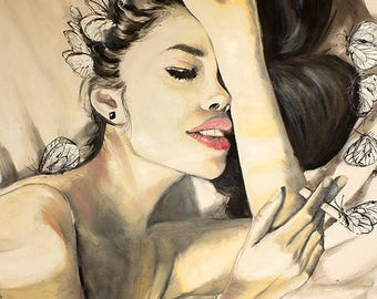 Butterfly effect - wall art watercolor print. Portrait of woman. Girl with a cigarette. Home decor.