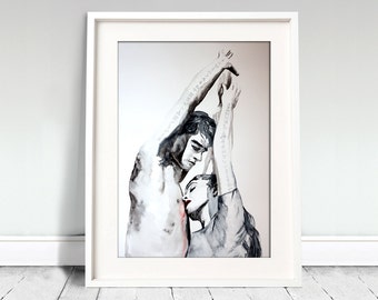 Watercolor Print -  Аcceptance. Digital print of couple in love. Valentine. Wall art, wall decor, digital print.