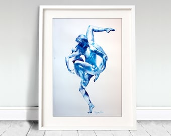 Watercolor Print.  Wall art portrait of  ballet dancers. Azure