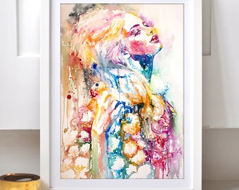 Mental - wall art watercolor print. Colorful portrait of woman, home decor.