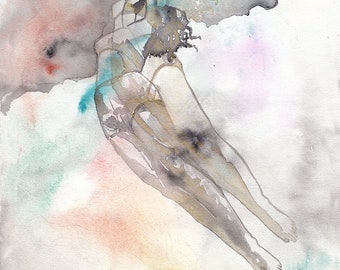Original Watercolor Painting. Young lady. Portrait of young woman. Flying high, Art, Fashion, Contemporary, Woman, Art