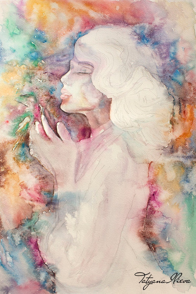 Original Watercolor Painting, Portrait of young lady with a bird in her hands, The Mother. Woman, Love, Original, Wall art, Wall decor image 2