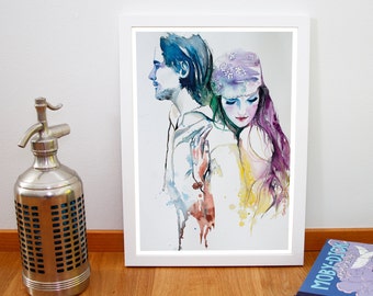 Couple portrait. Watercolor Print. Digital print of couple in love. Valentine. Watercolor art print. Wall art, wall decor, digital print.
